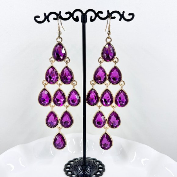 NWT - Charming Charlie - Purple Faceted Teardrop Chandelier Gold Tone Earrings - Picture 2 of 7